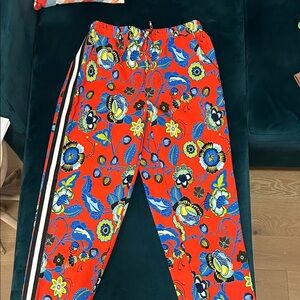 NY Collection Red Floral Track Pants with Blue & Yellow Accents